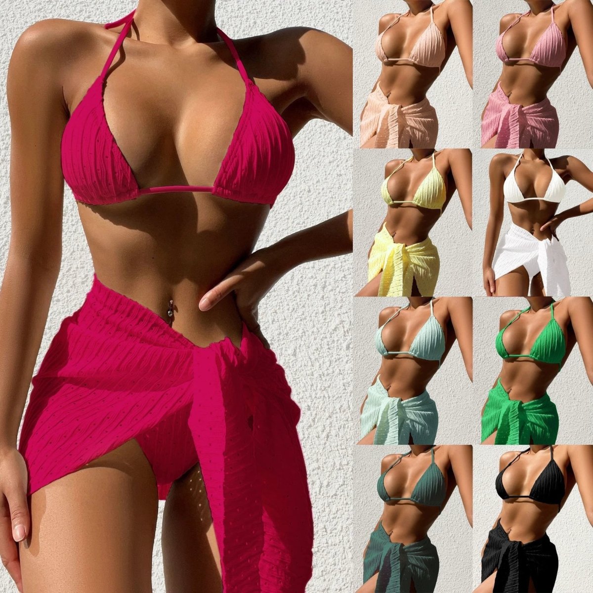 Conjunto de bañador de 3 piezas con cuello halter y falda de malla