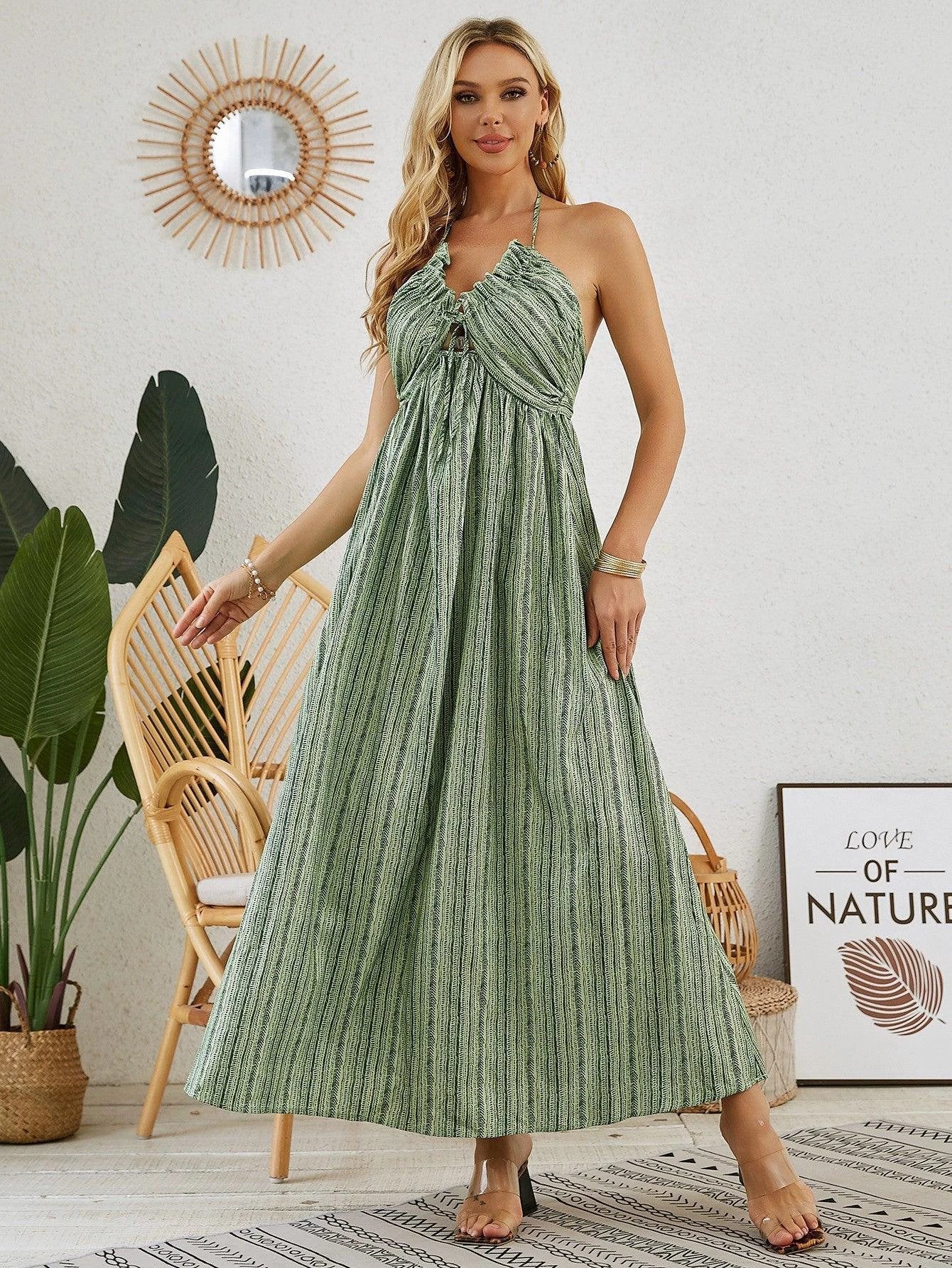 Vestido Maxi Halter Bohemio - Vestido Sin Mangas de Verano para Mujer