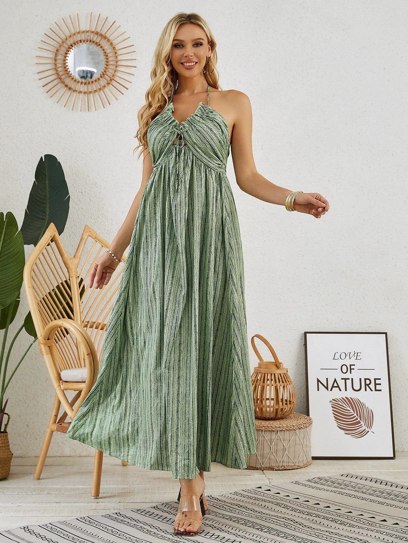 Vestido Maxi Halter Bohemio - Vestido Sin Mangas de Verano para Mujer
