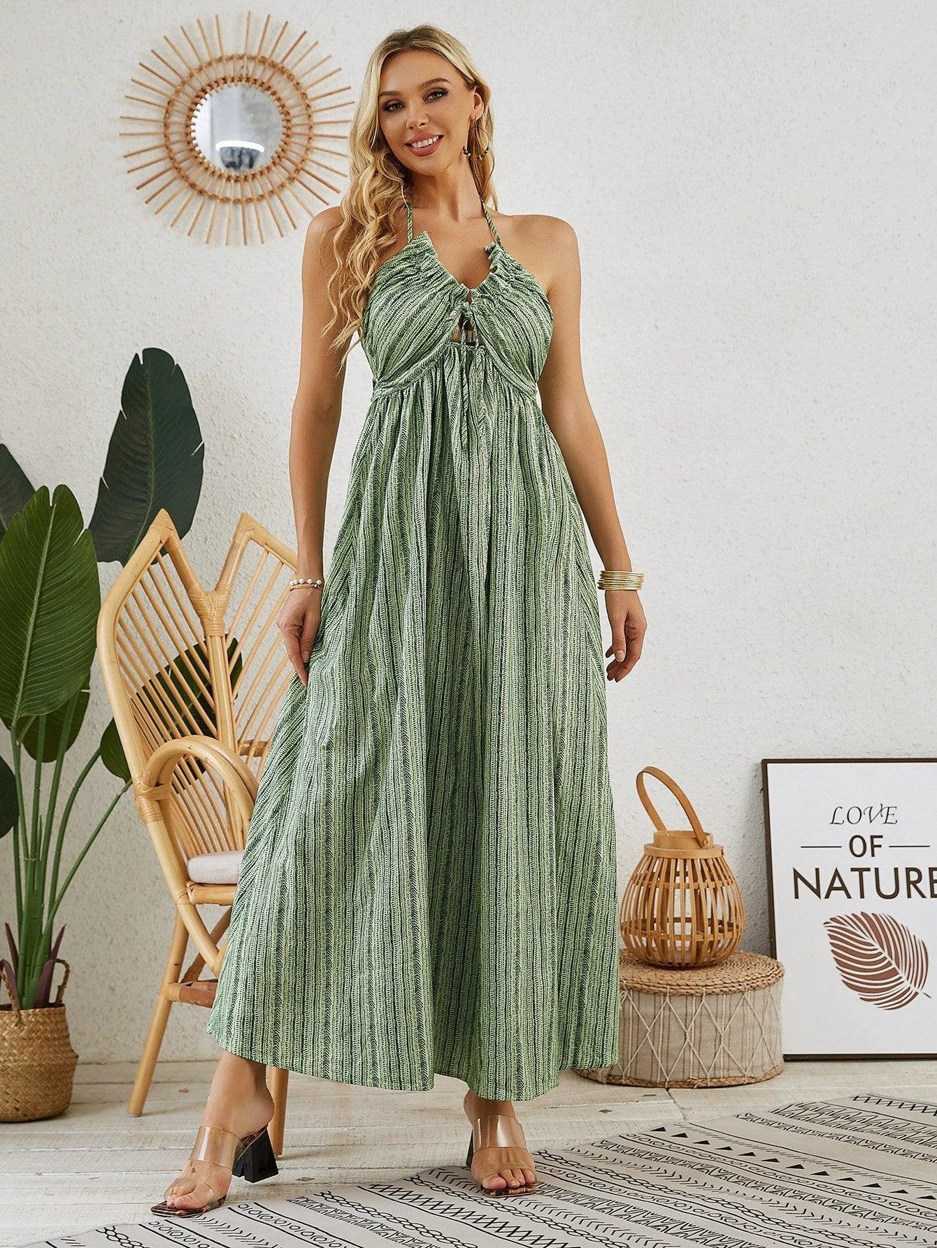 Vestido Maxi Halter Bohemio - Vestido Sin Mangas de Verano para Mujer