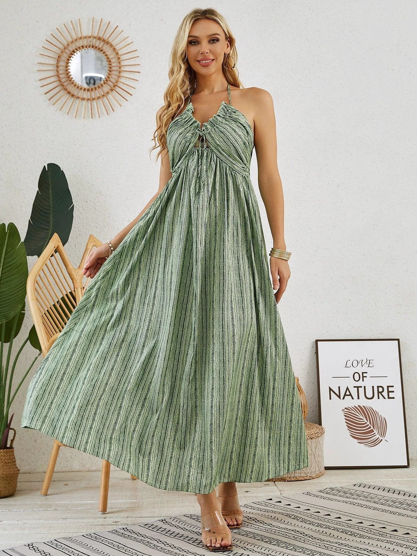 Vestido Maxi Halter Bohemio - Vestido Sin Mangas de Verano para Mujer