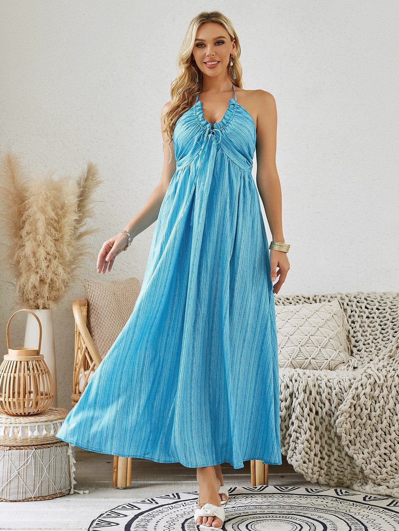 Bohemian Halter Maxi Dress - Women's Summer Flowy Dress