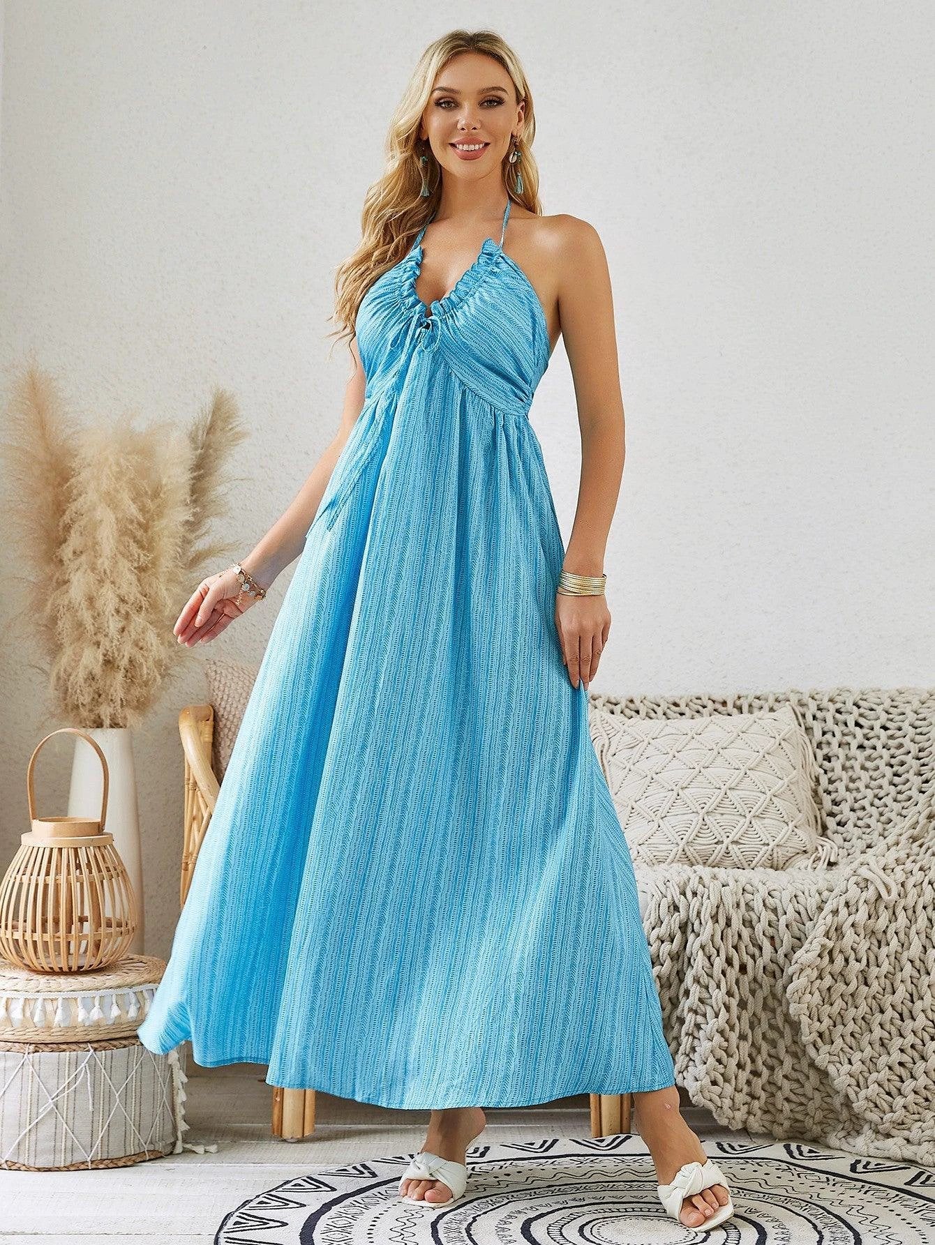 Bohemian Halter Maxi Dress - Women's Summer Flowy Dress