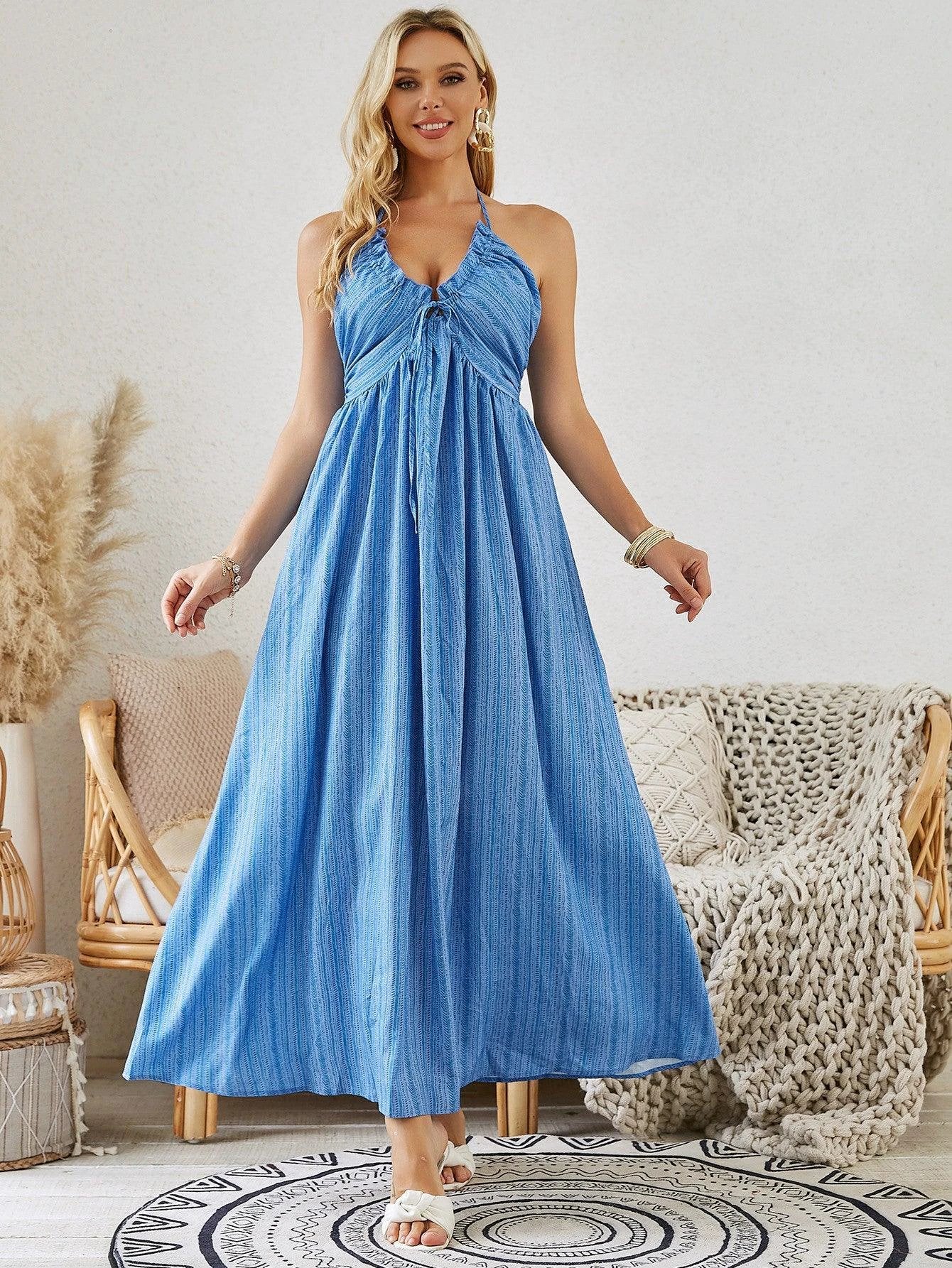 Vestido Maxi Halter Bohemio - Vestido Sin Mangas de Verano para Mujer