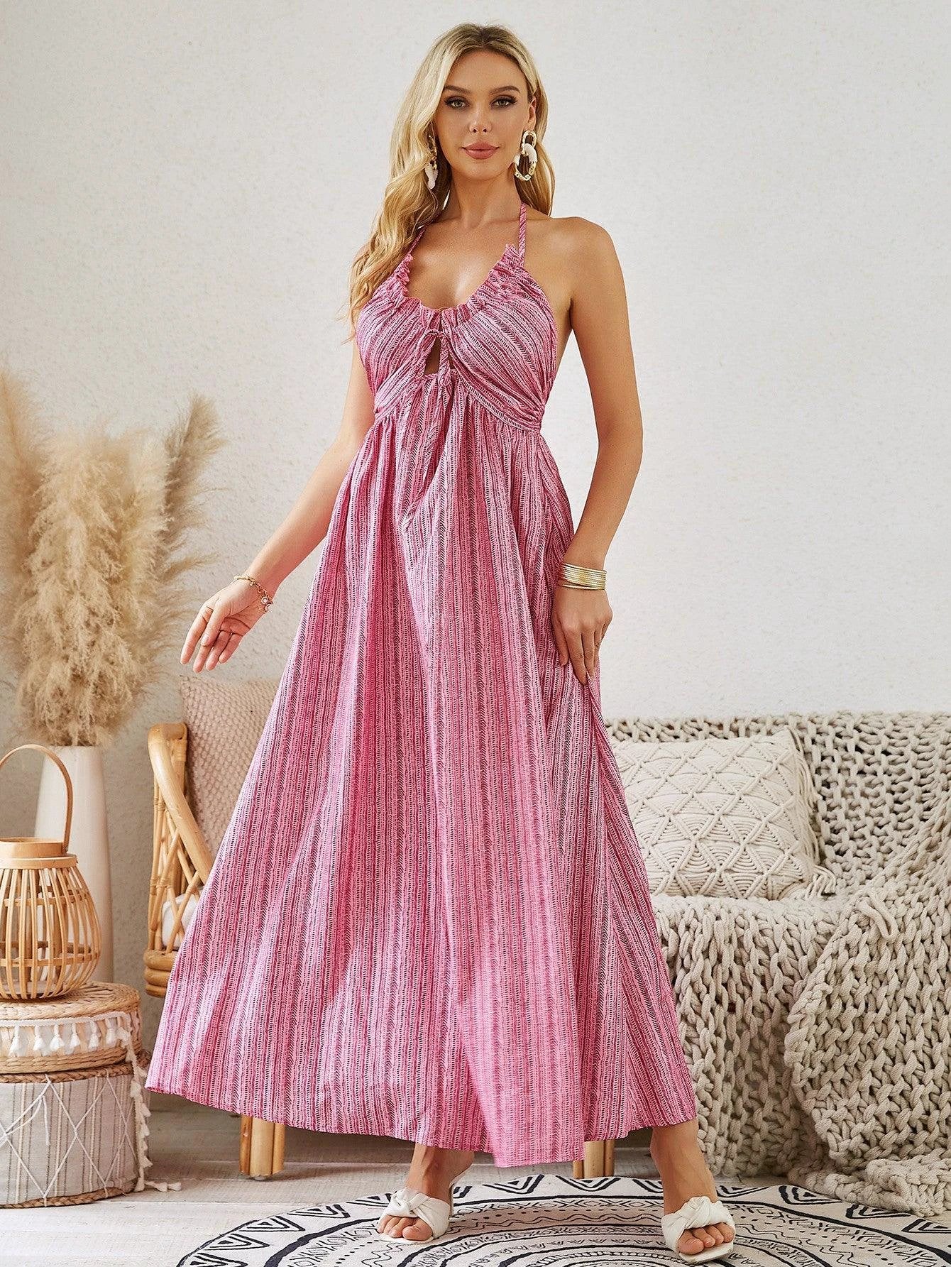 Bohemian Halter Maxi Dress - Women's Summer Sleeveless Dress