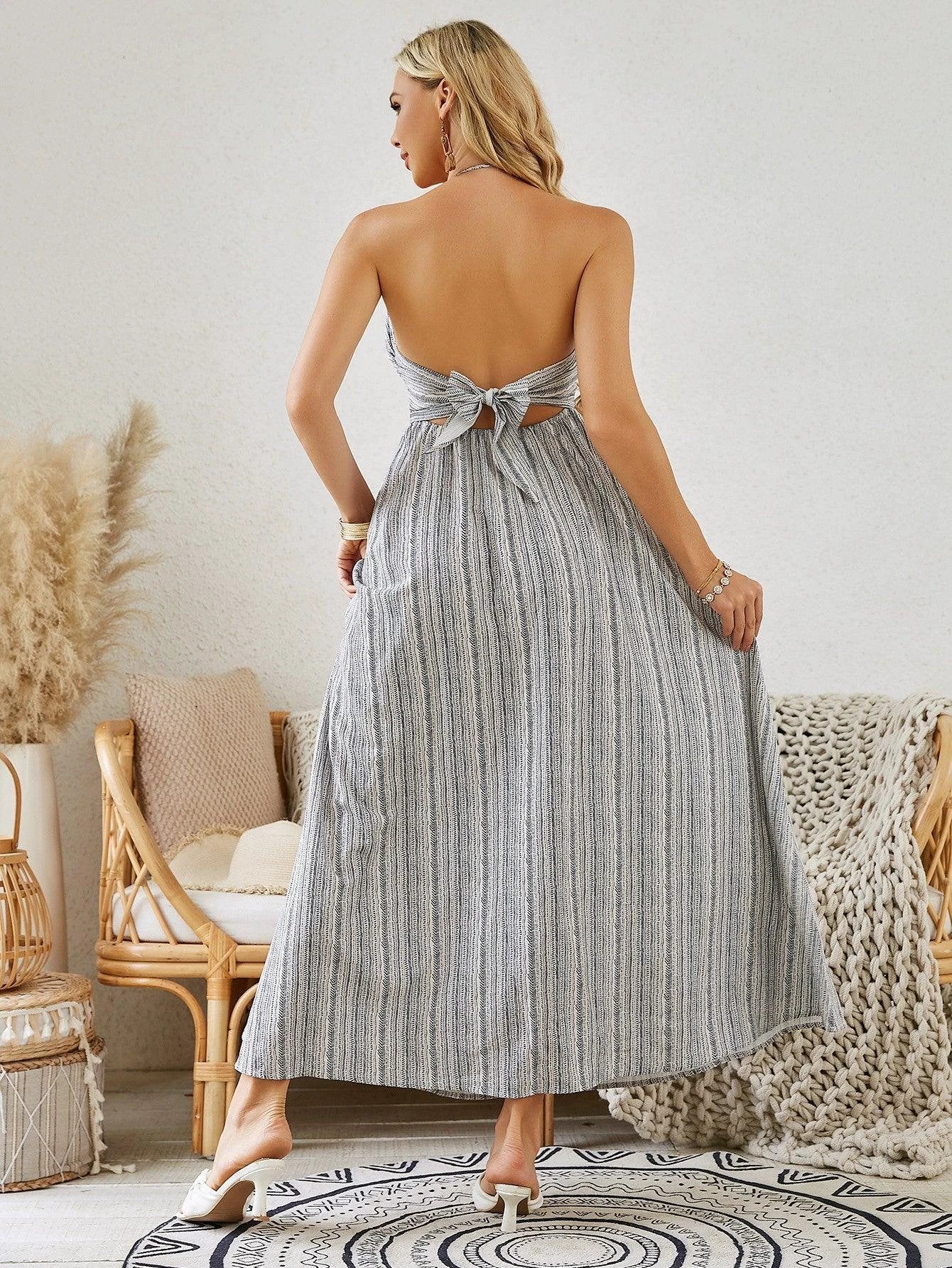 Bohemian Halter Maxi Dress - Women's Summer Striped Beach Dress