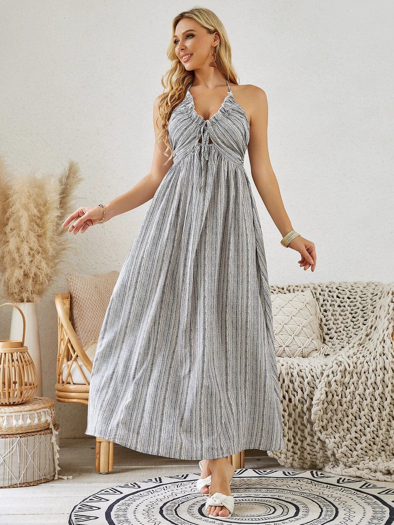 Bohemian Halter Maxi Dress - Women's Summer Striped Beach Dress