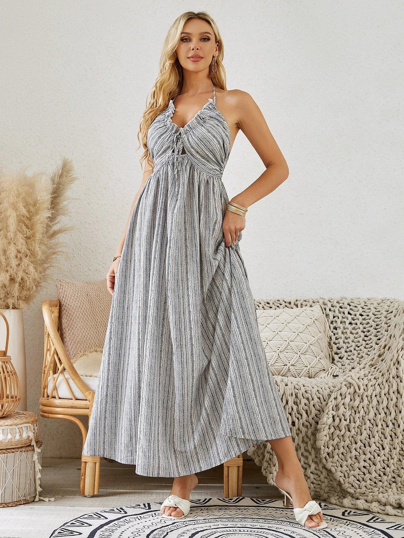 Bohemian Halter Maxi Dress - Women's Summer Striped Beach Dress