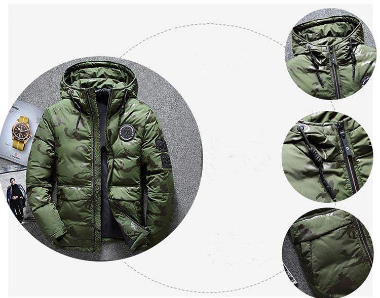 Parka d'hiver à capuche camouflage pour homme - Coupe ajustée et coupe-vent