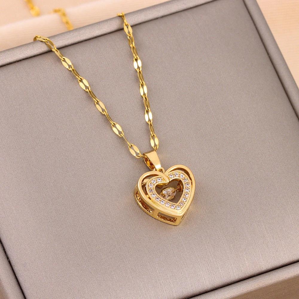 Double-Layer Love Necklace - Rhinestone Titanium Steel Pendant