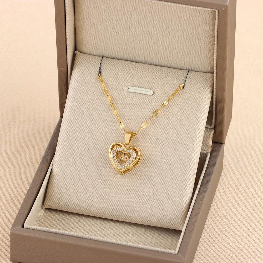 Double-Layer Love Necklace - Rhinestone Titanium Steel Pendant
