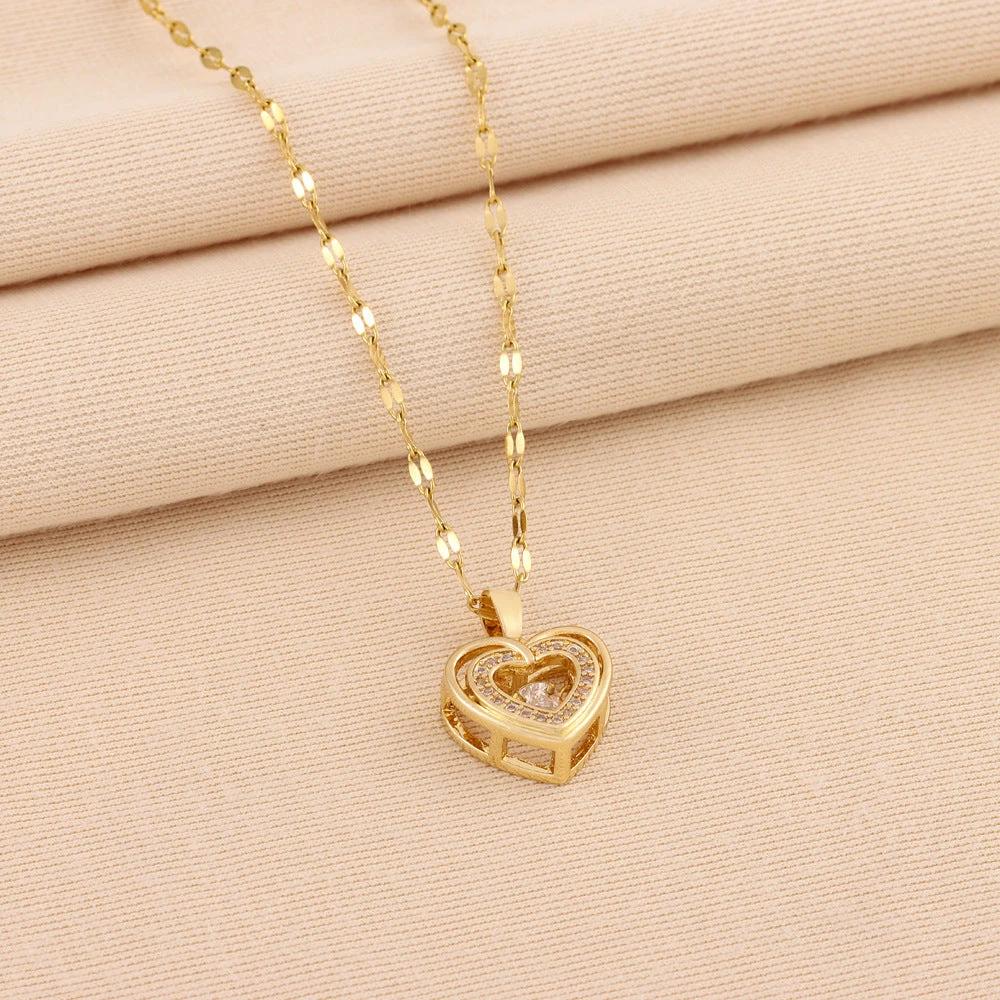 Double-Layer Love Necklace - Rhinestone Titanium Steel Pendant