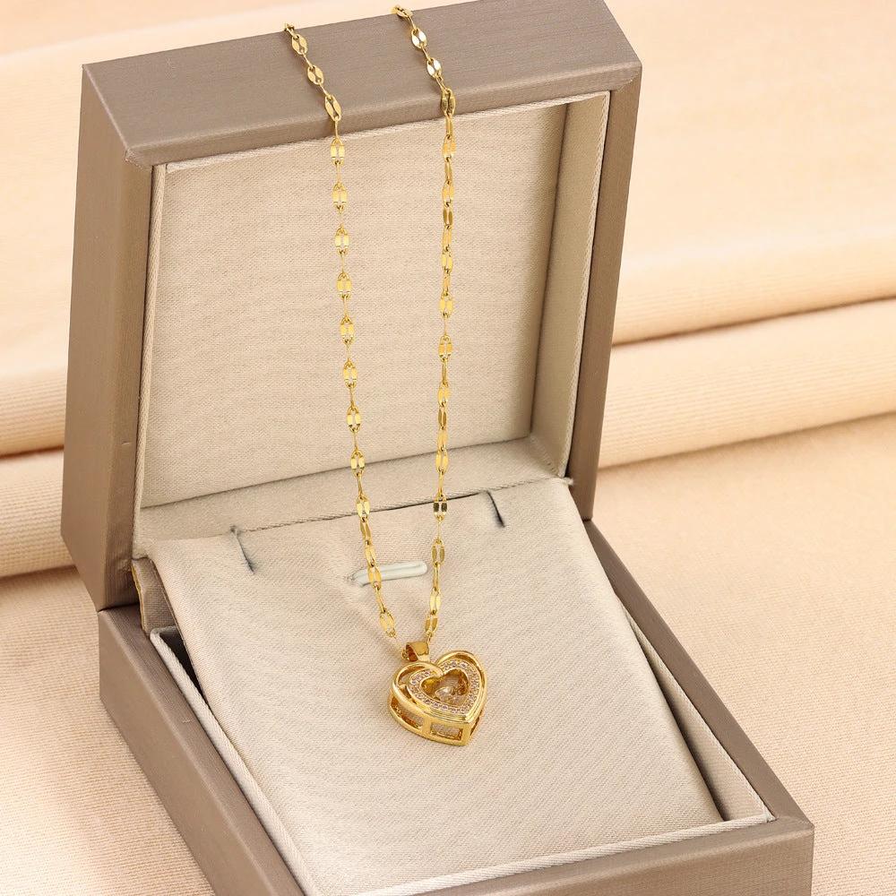 Double-Layer Love Necklace - Rhinestone Titanium Steel Pendant