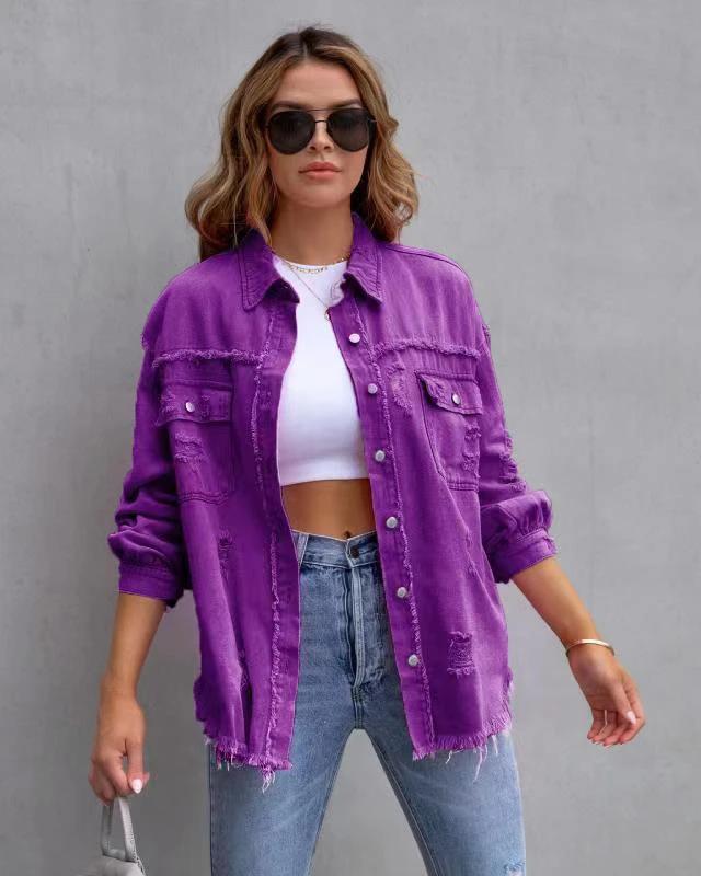 Chaqueta de Camisa Rota de Moda para Mujeres - Top Casual de Otoño y Primavera