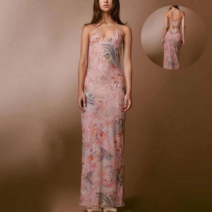 Robe à Bretelles Imprimée Fleurie avec Dos Papillon