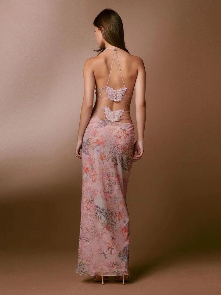 Robe à Bretelles Imprimée Fleurie avec Dos Papillon