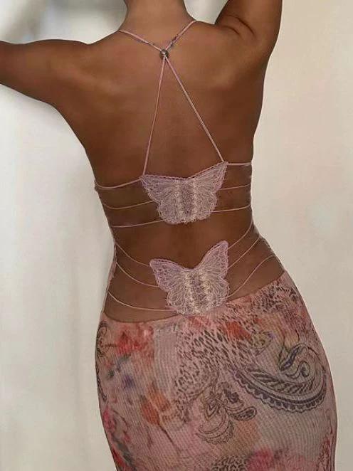 Robe à Bretelles Imprimée Fleurie avec Dos Papillon