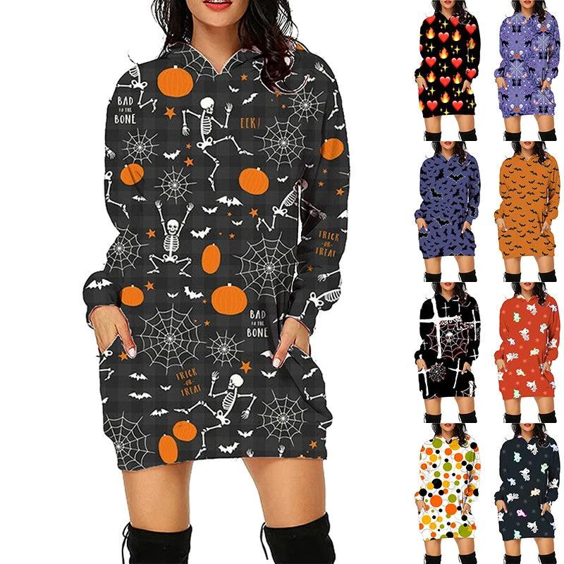 Hoodie à manches longues imprimé Halloween avec poches pour femmes