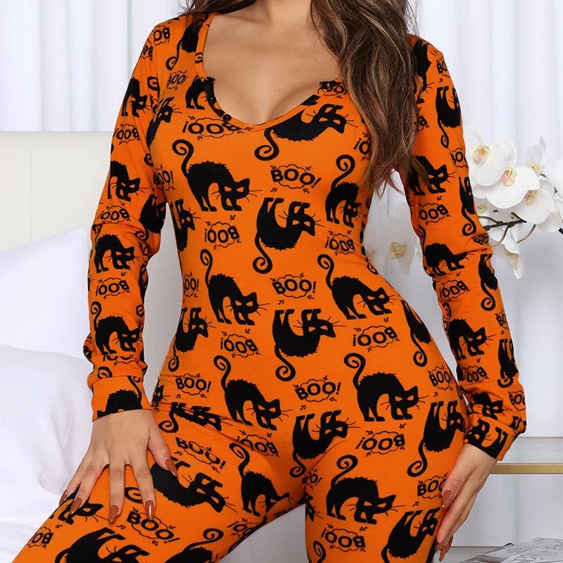 Mono Impreso de Halloween - Pijamas de Manga Larga para el Hogar