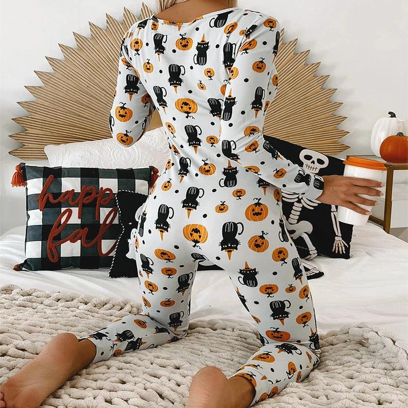 Mono Impreso de Halloween - Pijamas de Manga Larga para el Hogar