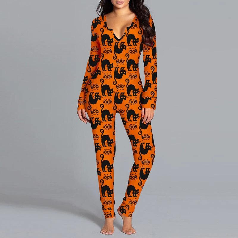 Mono Impreso de Halloween - Pijamas de Manga Larga para el Hogar