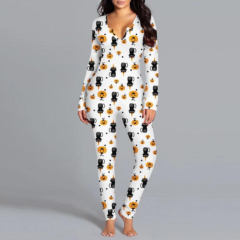Mono Impreso de Halloween - Pijamas de Manga Larga para el Hogar