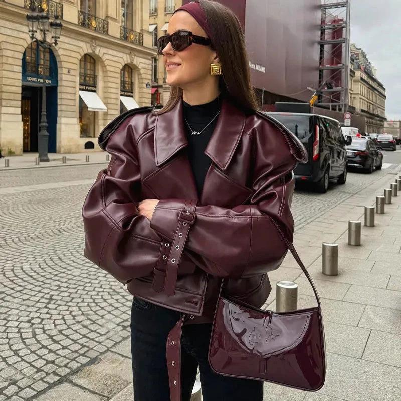 Loose Lapel Leather Jacket - Stylish Cropped Streetwear for Women