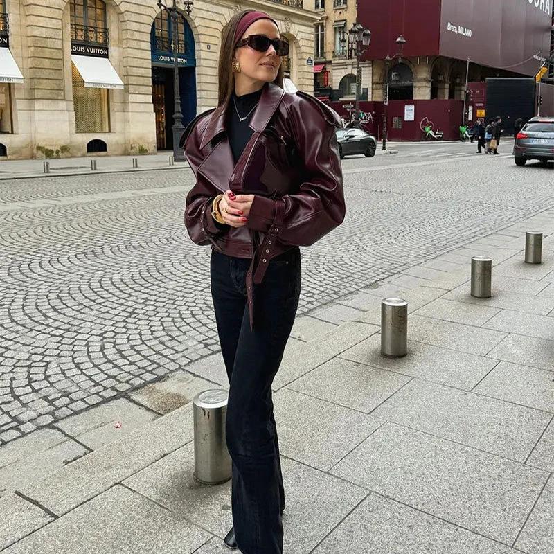 Loose Lapel Leather Jacket - Stylish Cropped Streetwear for Women
