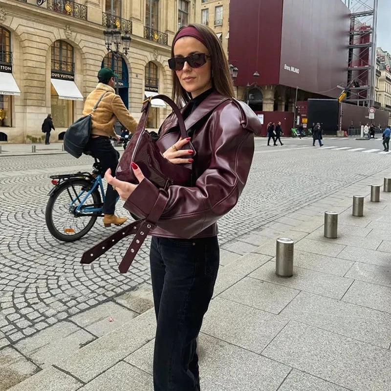 Loose Lapel Leather Jacket - Stylish Cropped Streetwear for Women