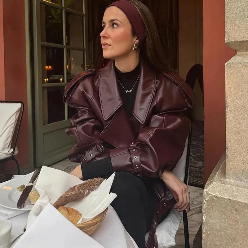 Loose Lapel Leather Jacket - Stylish Cropped Streetwear for Women