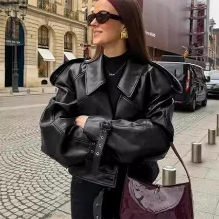 Loose Lapel Leather Jacket - Stylish Cropped Streetwear for Women