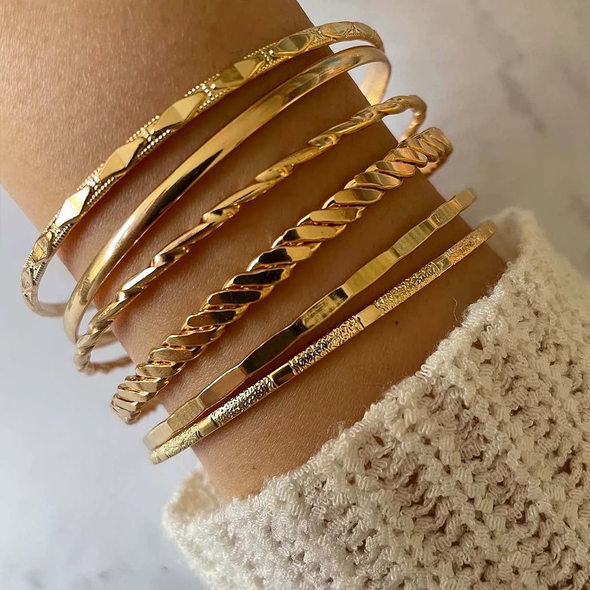 MANDOTOS Bohemian Metal Chain Bracelet Set - Geometric Gold Bangles