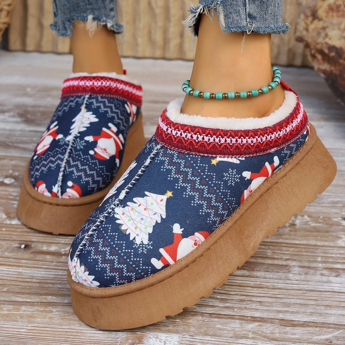 Mandotos Christmas Cartoon Print Plush Lined Ankle Boots for Women