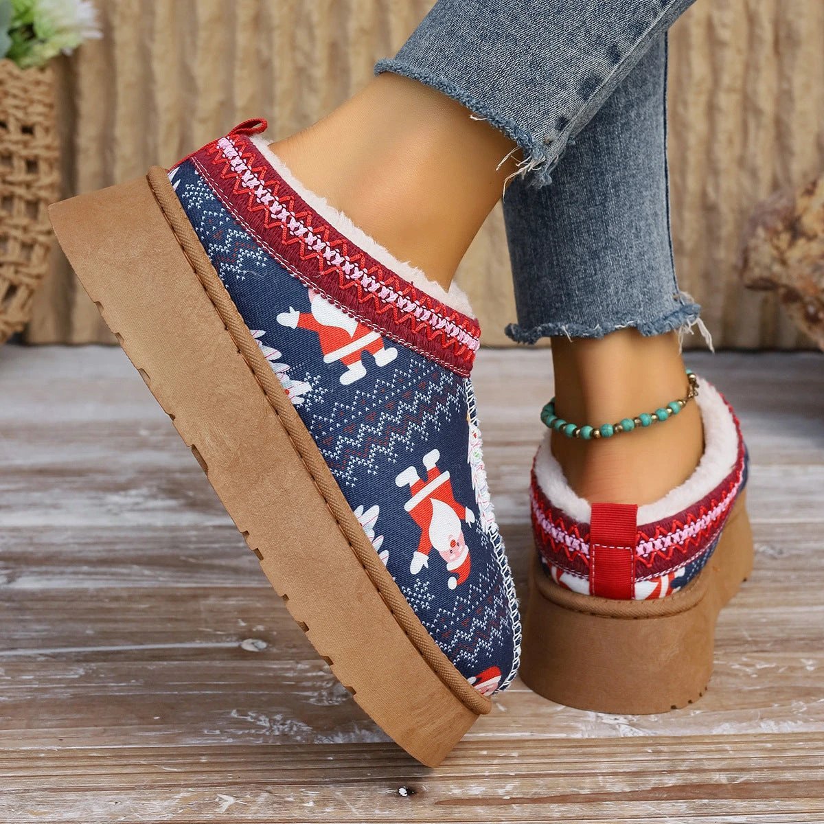 Mandotos Christmas Cartoon Print Plush Lined Ankle Boots for Women