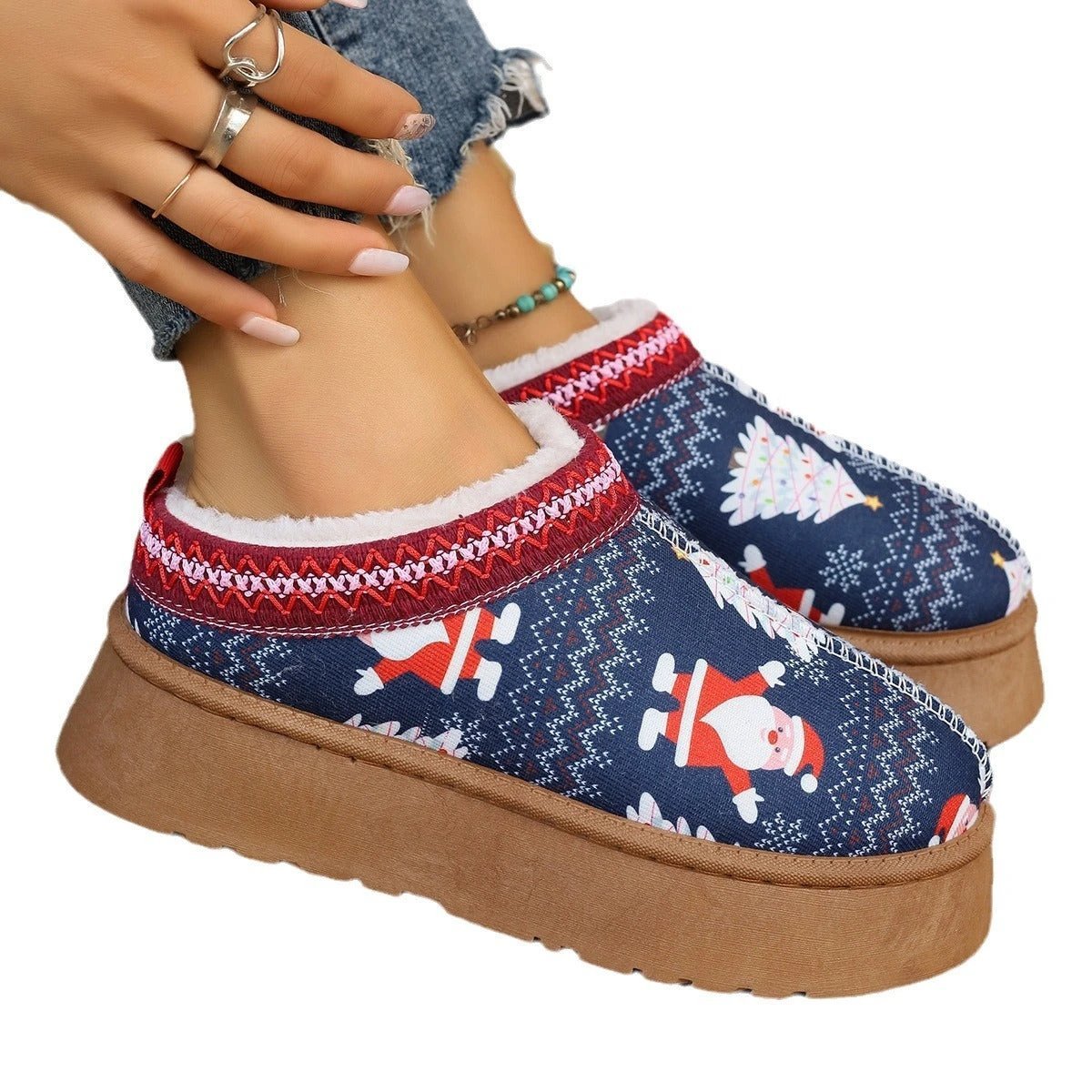 Mandotos Christmas Cartoon Print Plush Lined Ankle Boots for Women