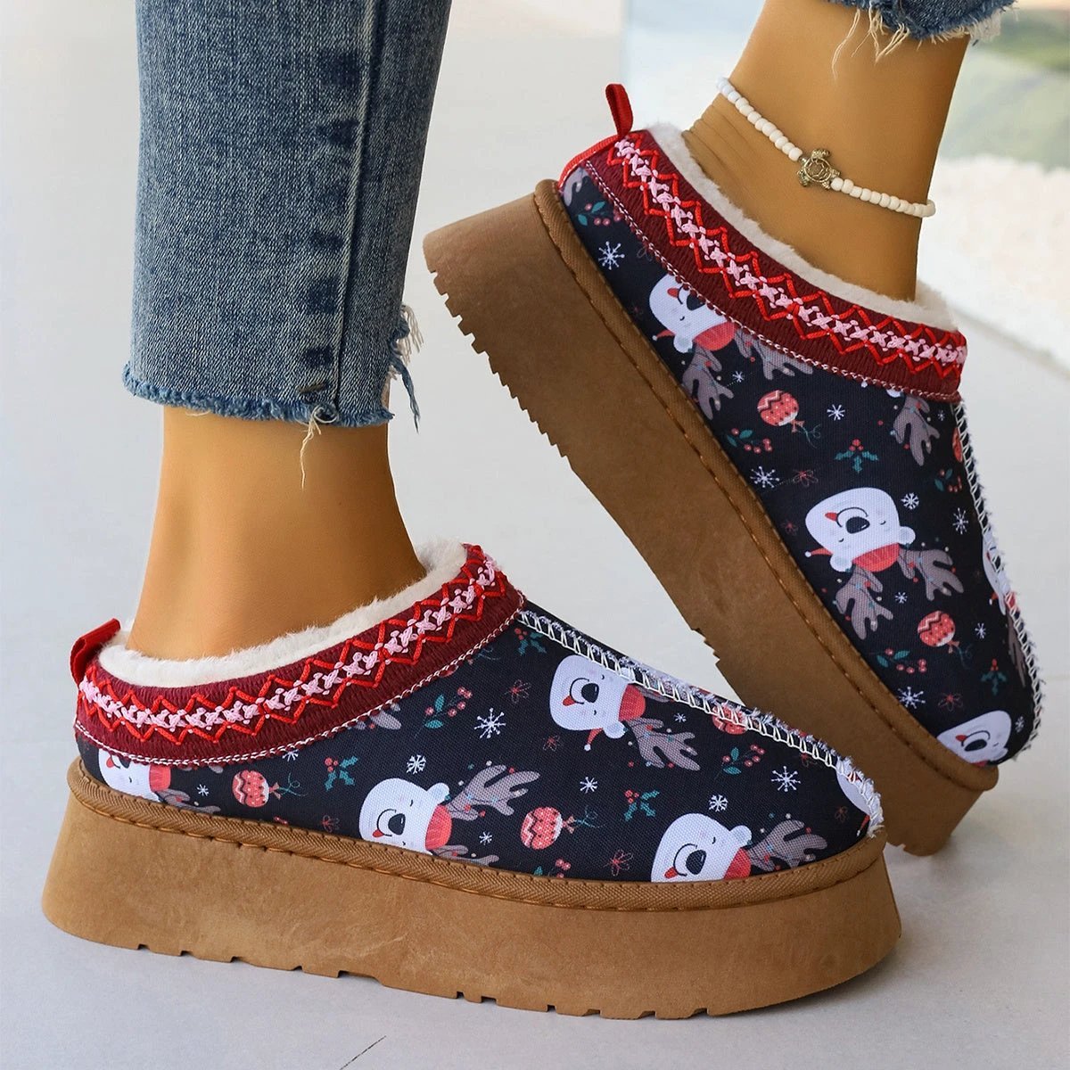 Mandotos Christmas Cartoon Print Plush Lined Ankle Boots for Women