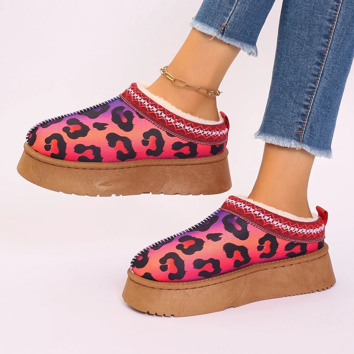 Mandotos Christmas Cartoon Print Plush Lined Ankle Boots for Women