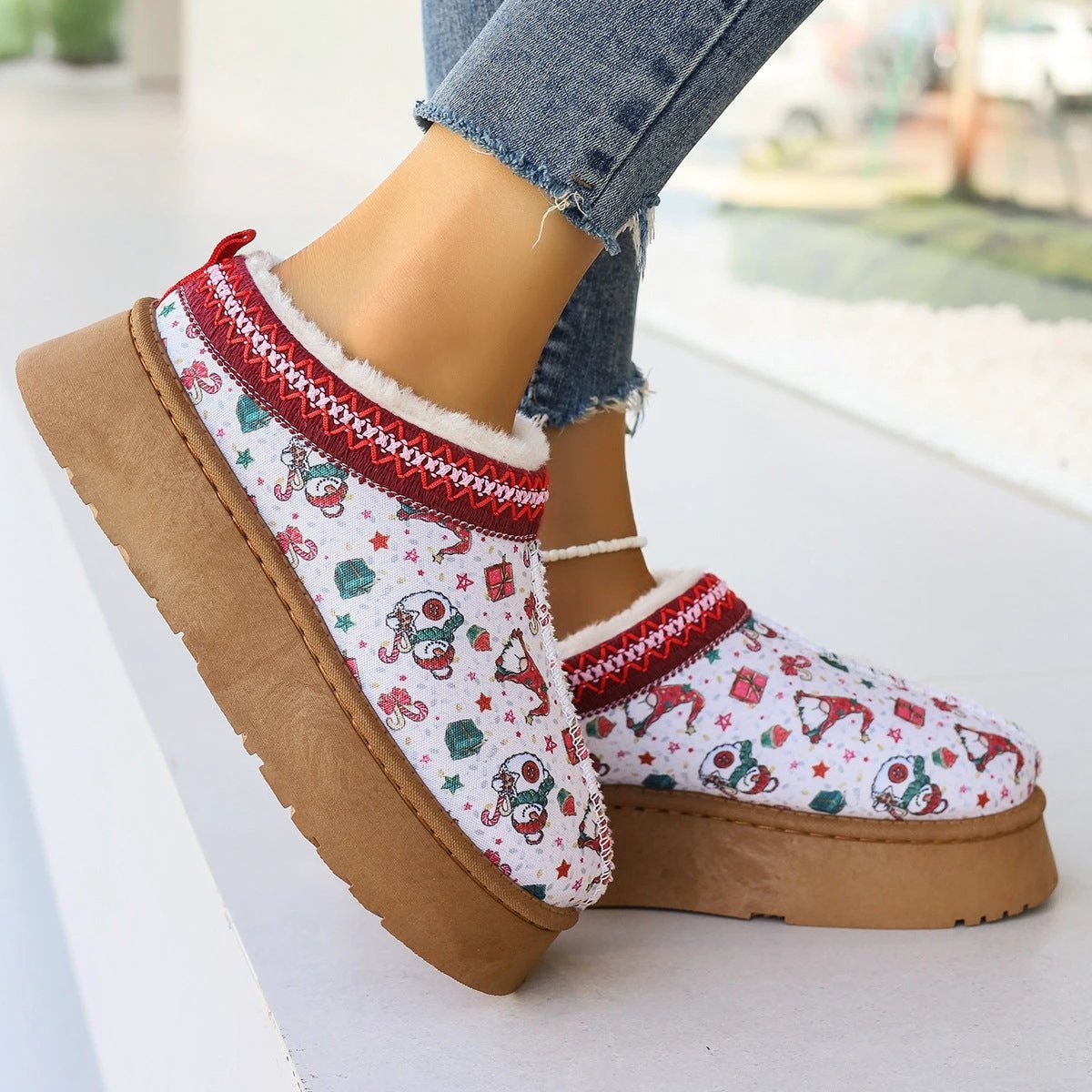 Mandotos Christmas Cartoon Print Plush Lined Ankle Boots for Women