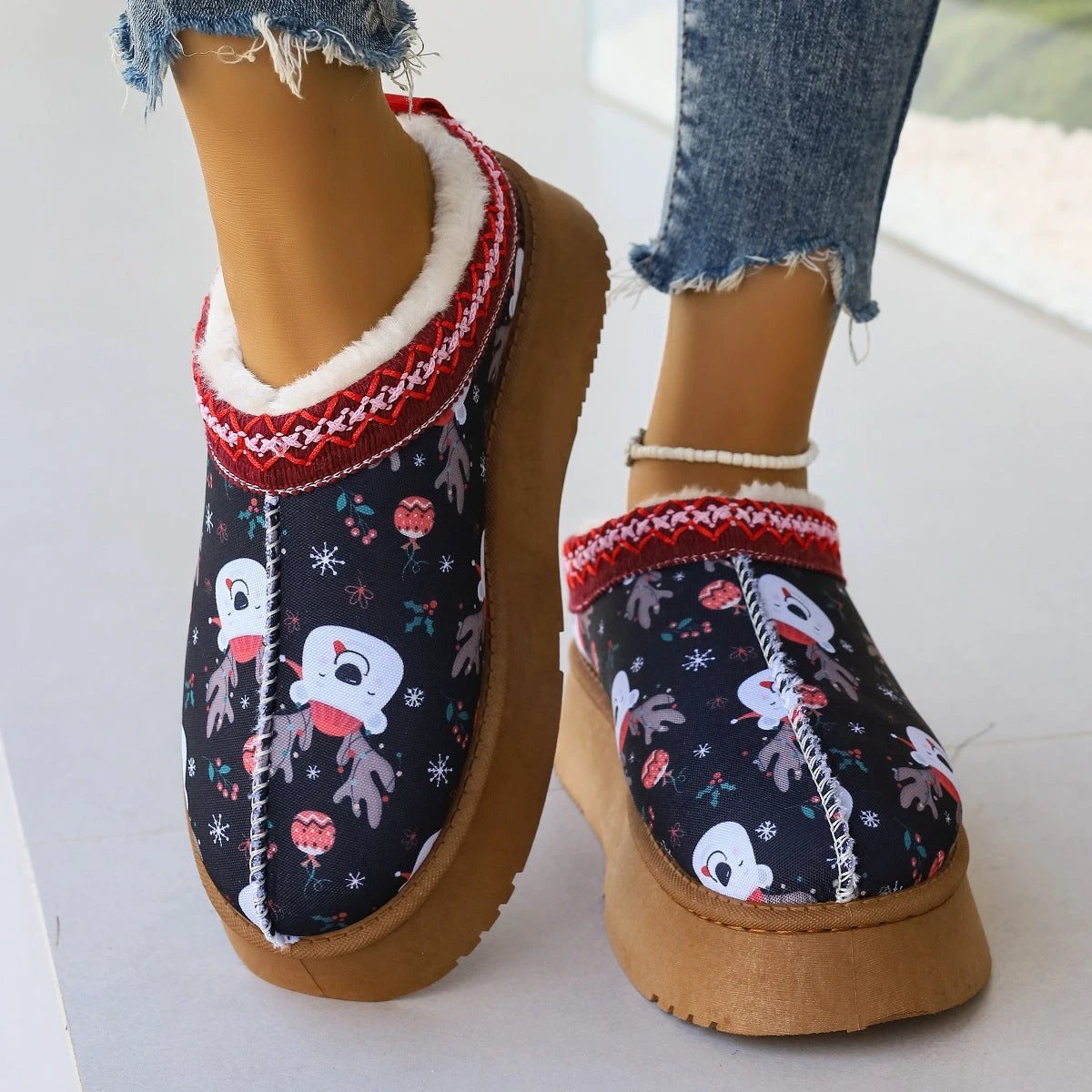 Mandotos Christmas Cartoon Print Plush Lined Ankle Boots for Women