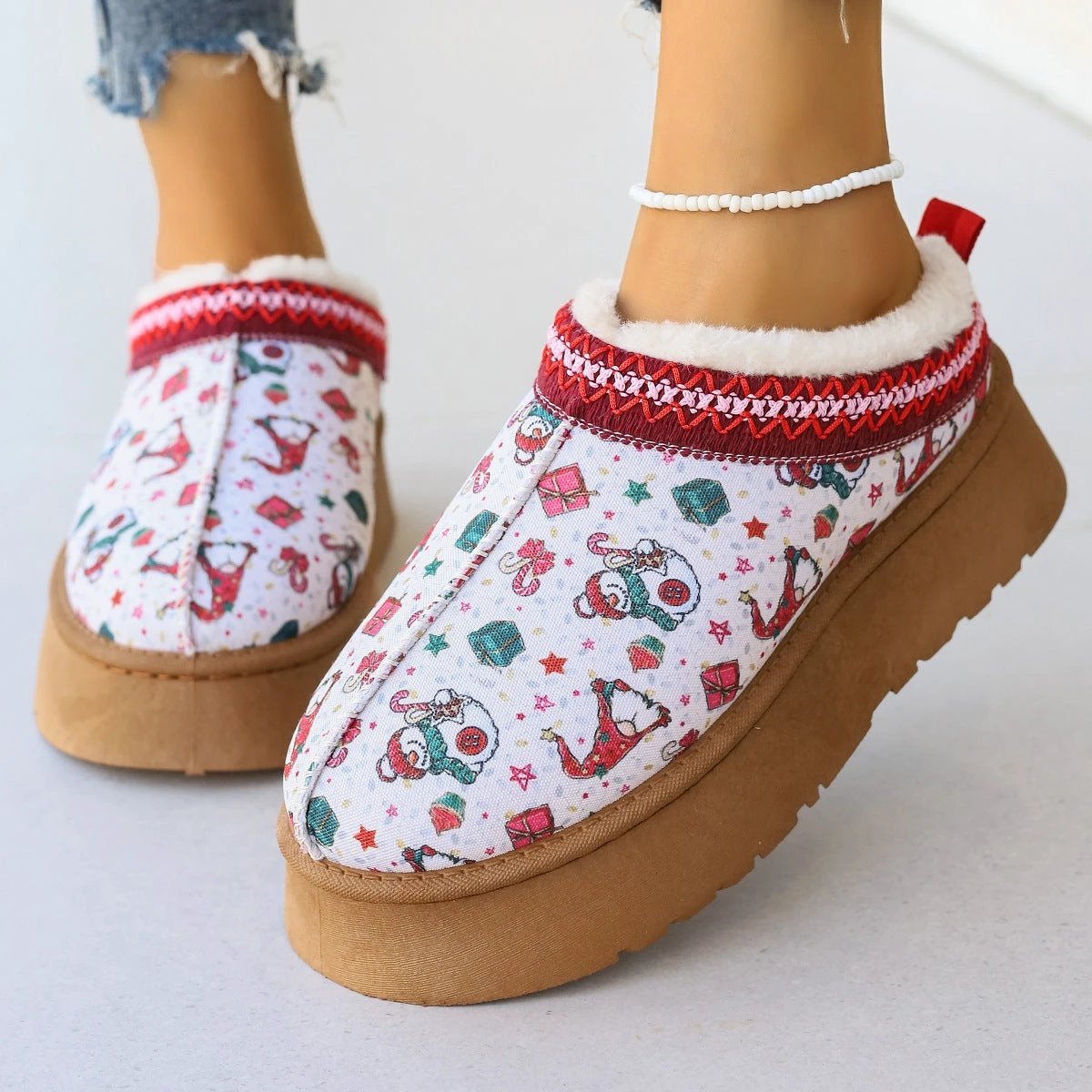 Mandotos Christmas Cartoon Print Plush Lined Ankle Boots for Women
