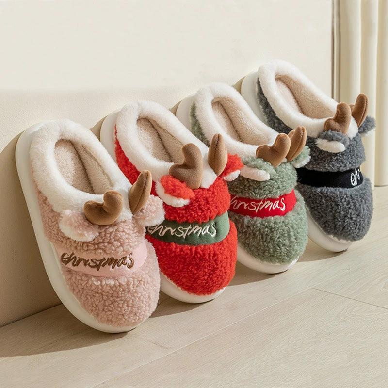 Chaussons Elk de Noël Mandotos - Chaussures d'intérieur confortables pour l'hiver