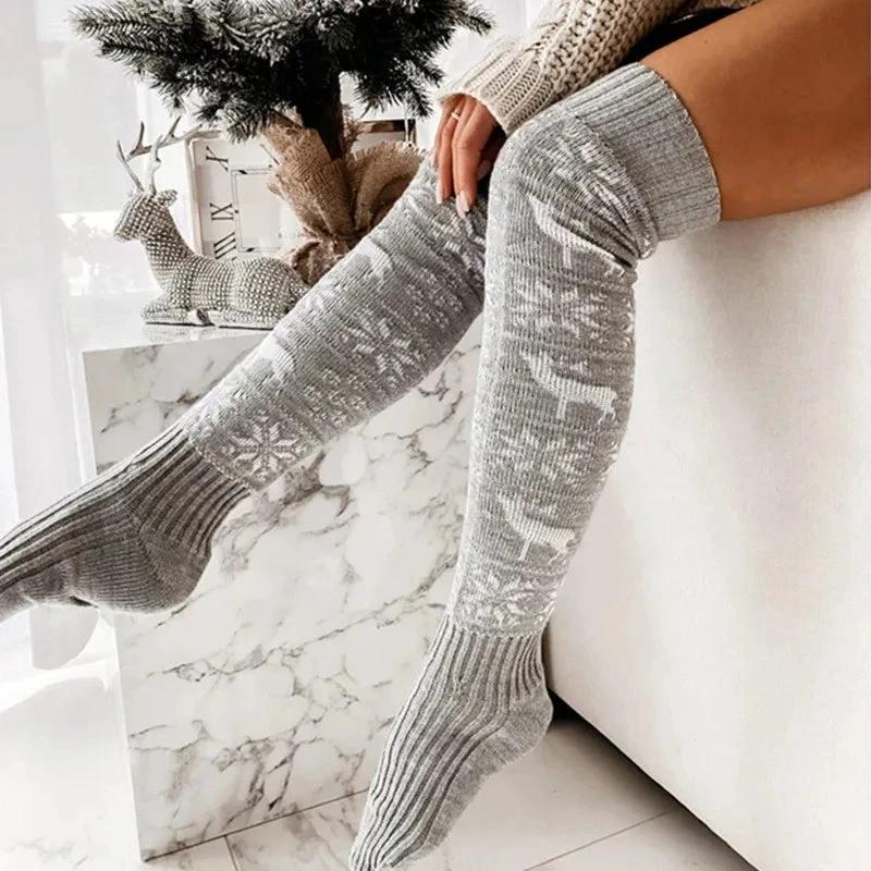 MANDOTOS Christmas Elk Snowflake Over-The-Knee Socks for Women