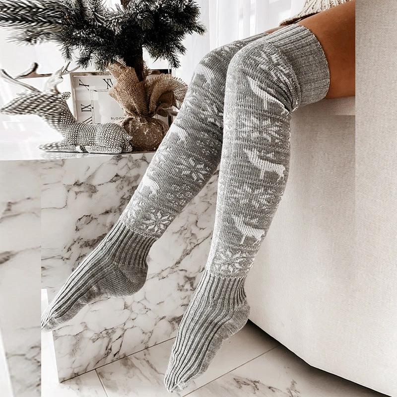 MANDOTOS Christmas Elk Snowflake Over-The-Knee Socks for Women