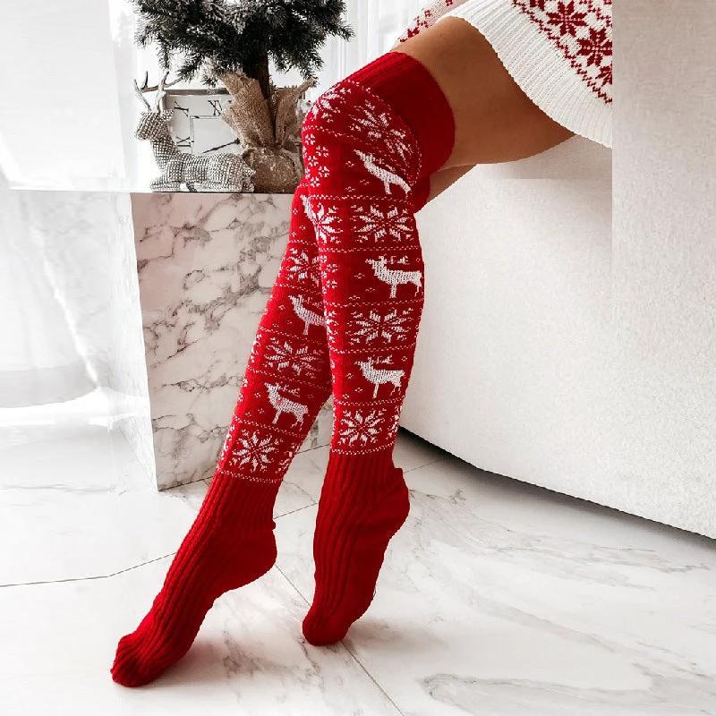 MANDOTOS Christmas Elk Snowflake Over-The-Knee Socks for Women