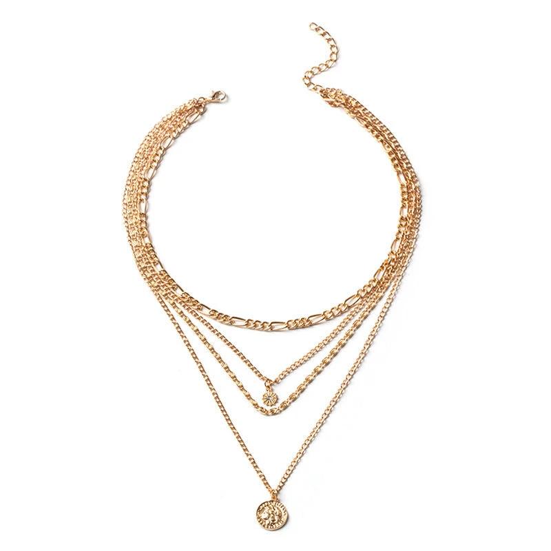 Mandotos Chunky Gold Layered Necklace with Coin Pendant and Sun Charm