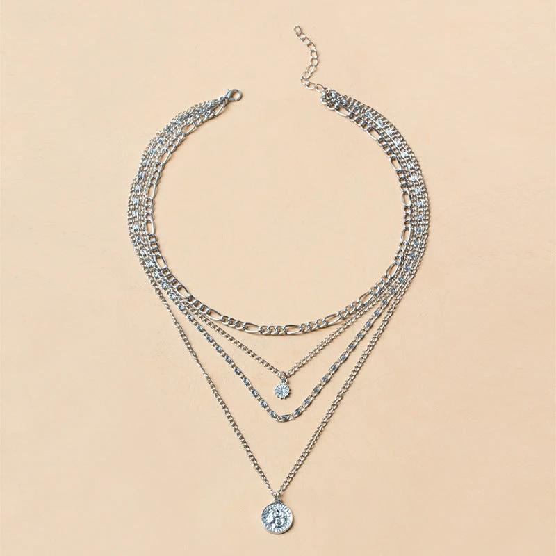 Mandotos Chunky Gold Layered Necklace with Coin Pendant and Sun Charm