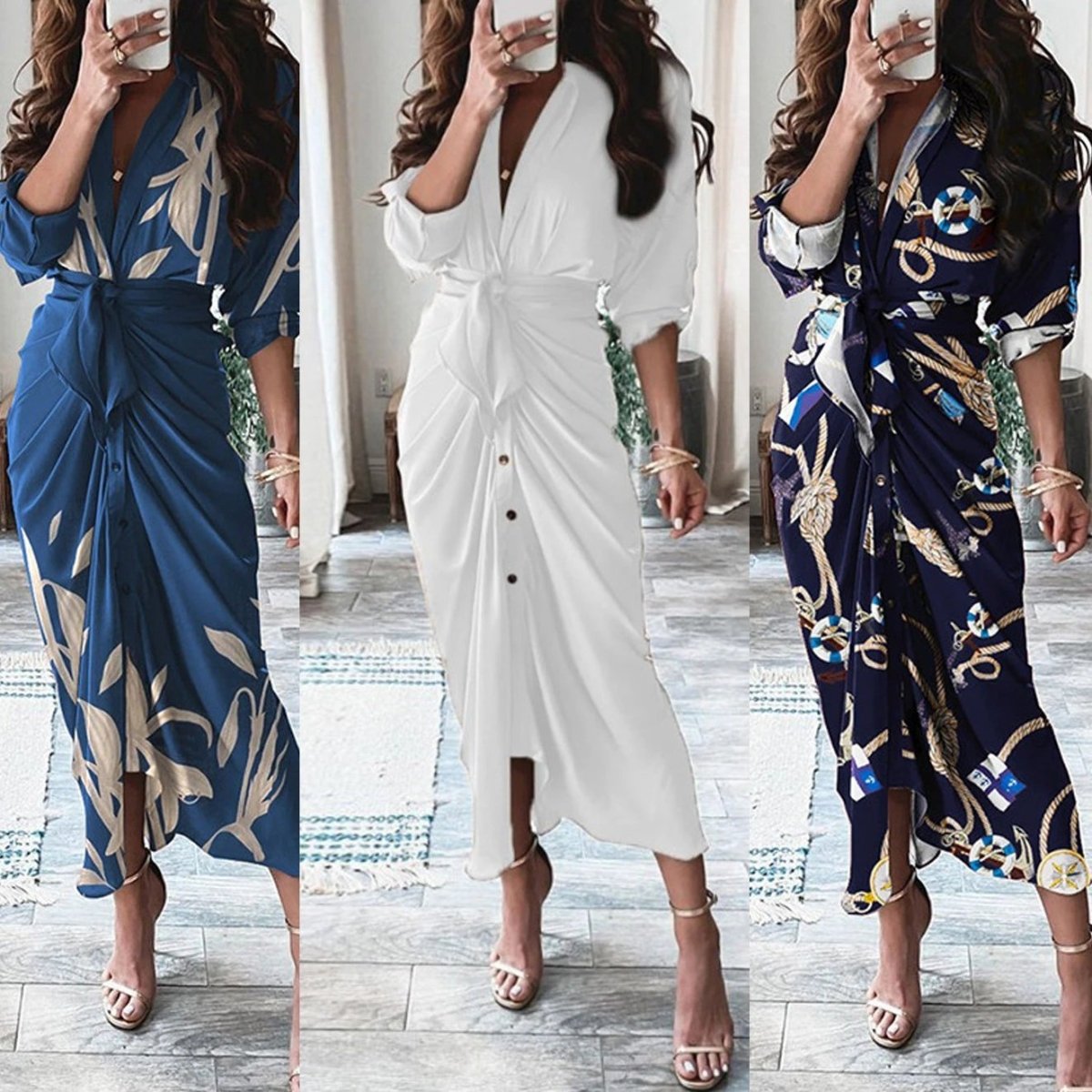 Robe Chemise à Manches Longues à Lacets Mandotos Imprimé Européen