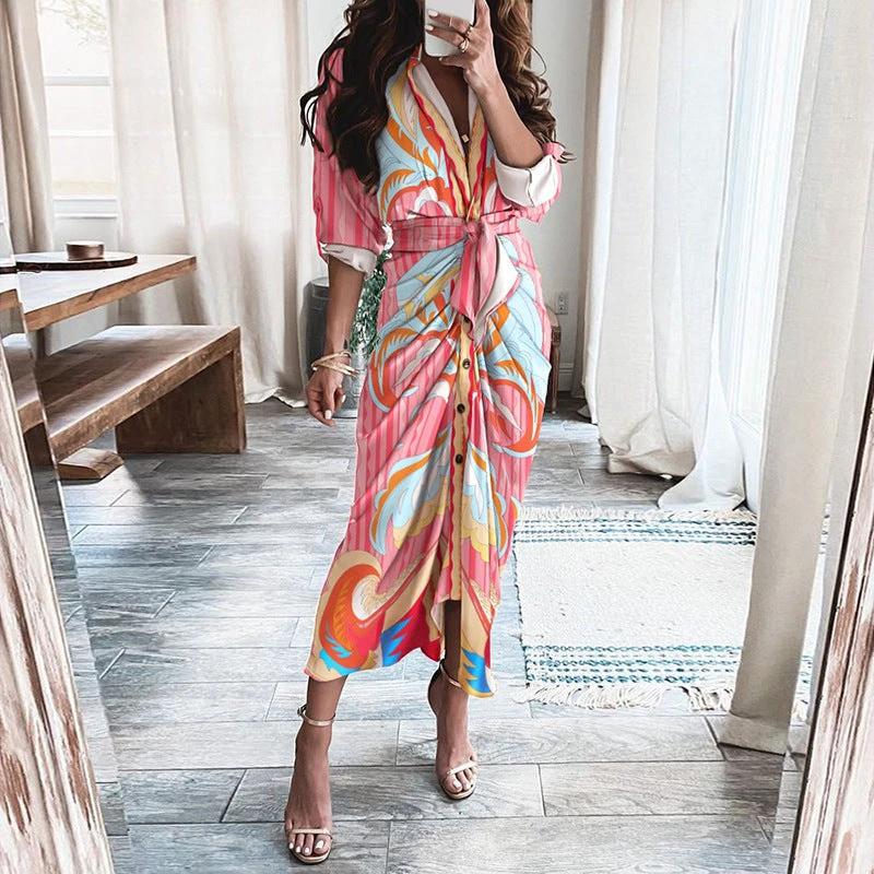Robe Chemise à Manches Longues à Lacets Mandotos Imprimé Européen