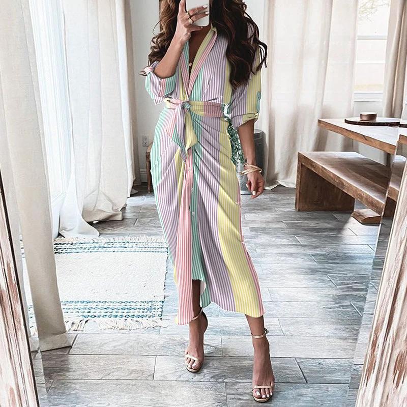 Robe Chemise à Manches Longues à Lacets Mandotos Imprimé Européen