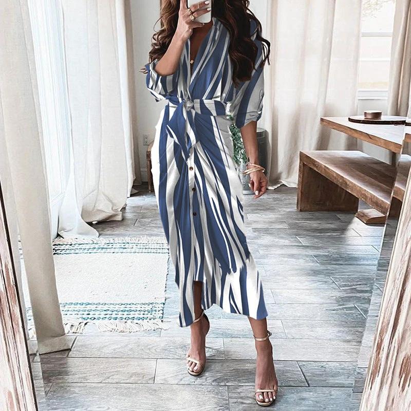 Robe Chemise à Manches Longues à Lacets Mandotos Imprimé Européen